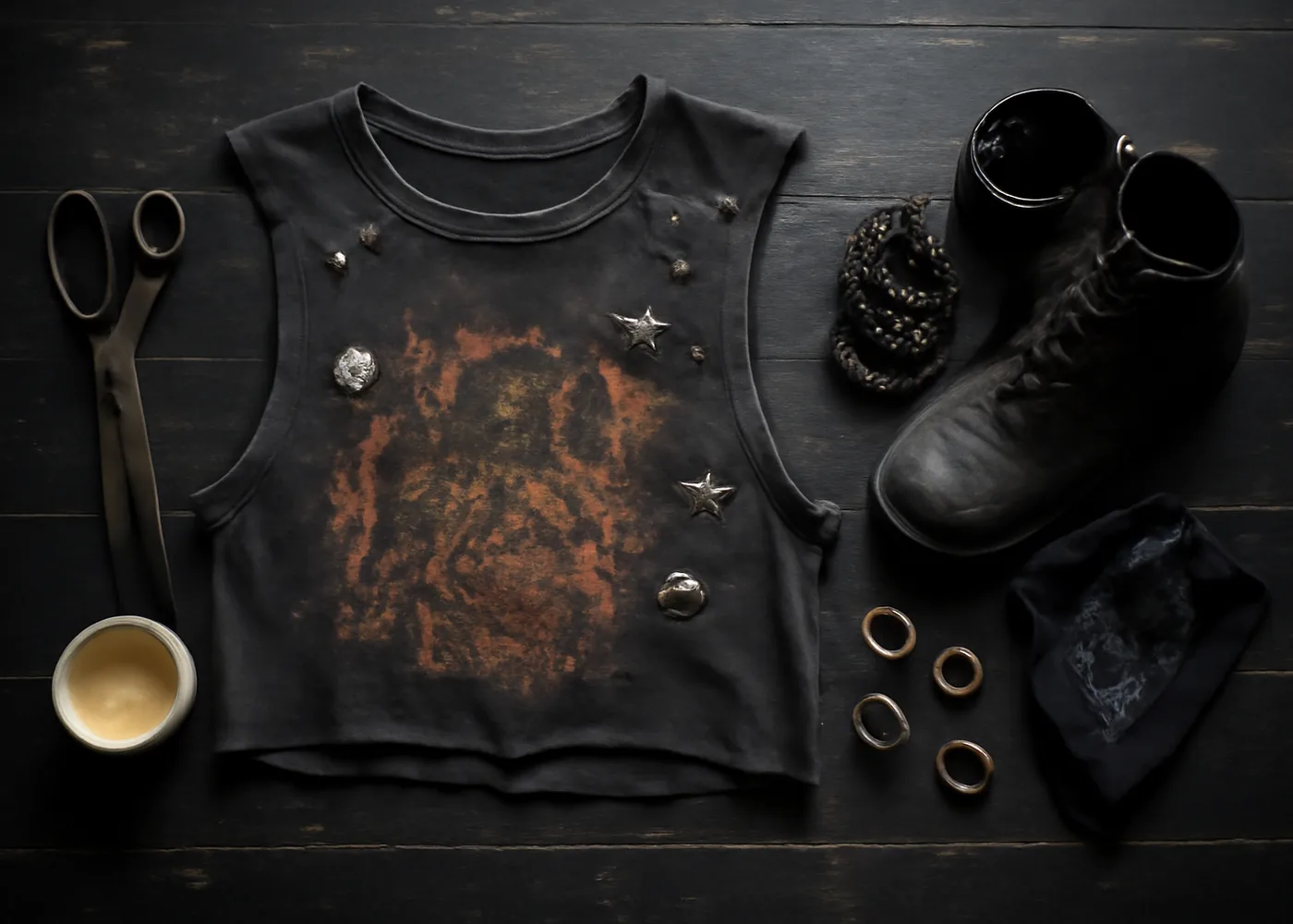 Flat lay of a DIY-cropped distressed band t-shirt with safety pins, patches, scissors, bleach and combat boots arranged on a dark wood floor