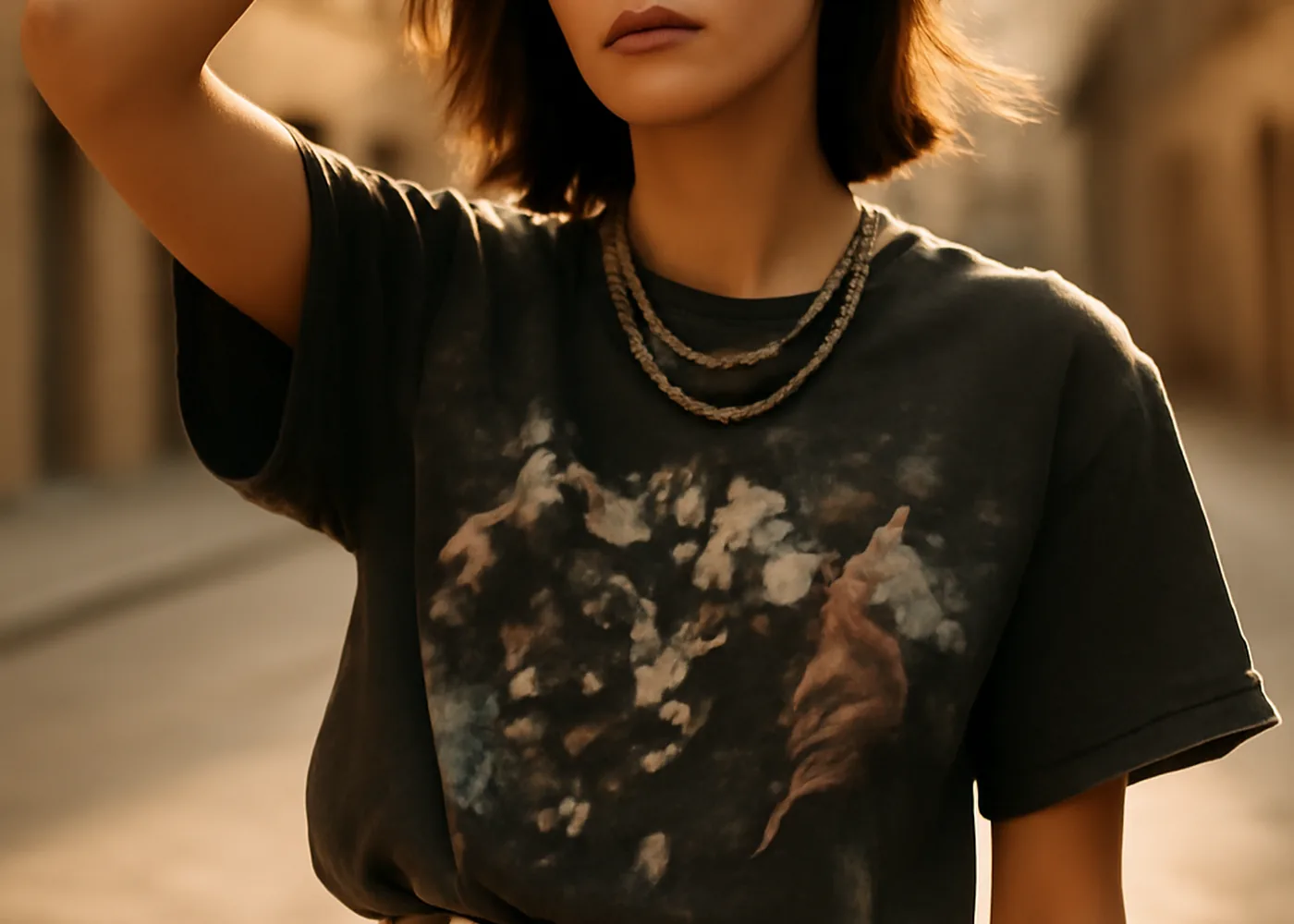 Woman in oversized faded band tee tucked into tailored wide-leg trousers, layered silver chains, urban street background