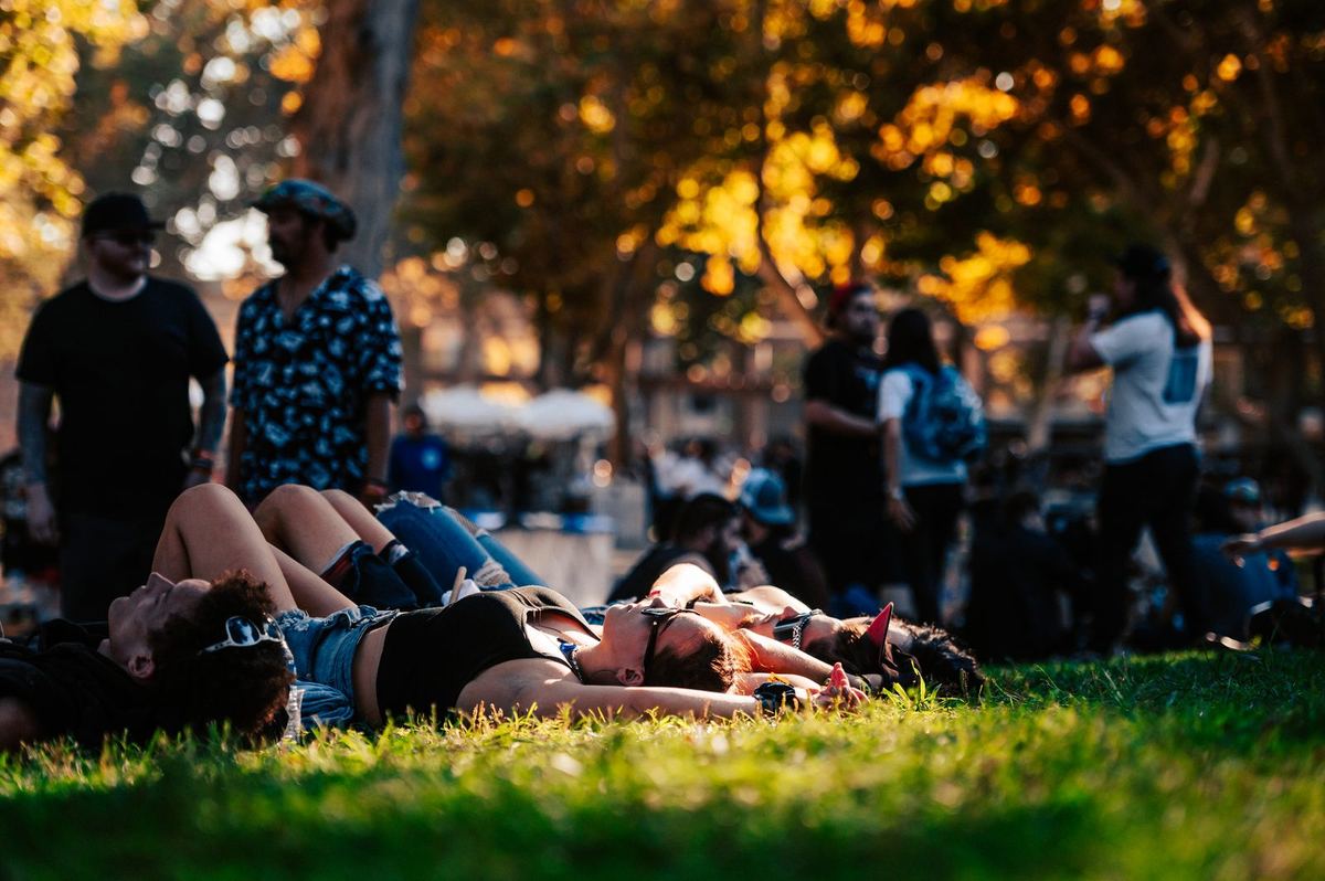 Heavy metal festival crowd on a hot sunny day