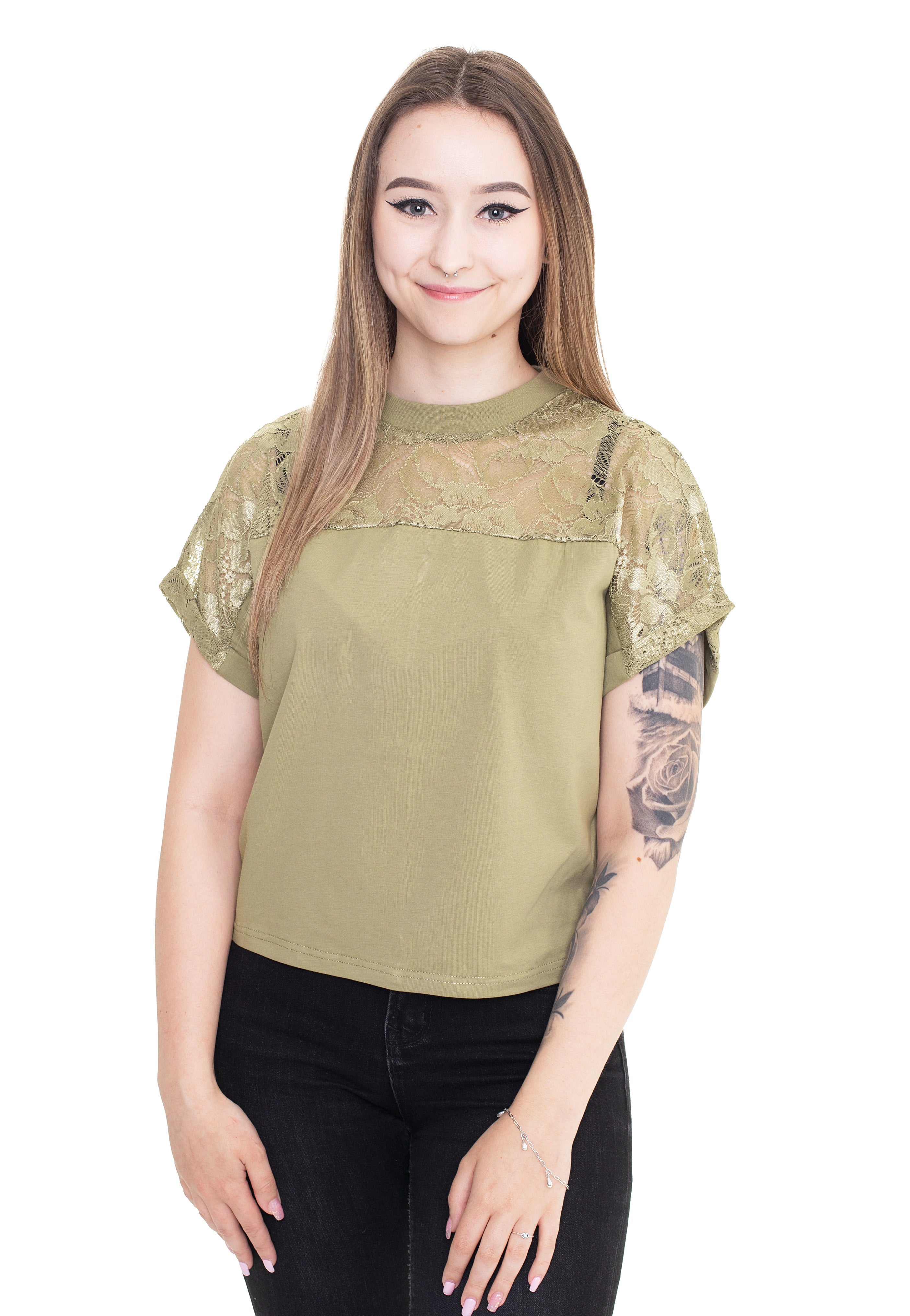 Urban Classics - Ladies Short Oversized Lace Khaki - T-Shirt - green - XS - 59% Lyocell, 39% Polyester, 2% Elastane,Lace