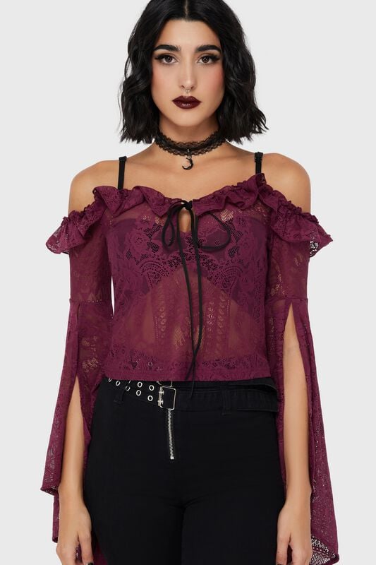 Killstar Belladonna Lace - Breathless Lace Bardot Top Long-sleeve Shirt lilac - Image 2